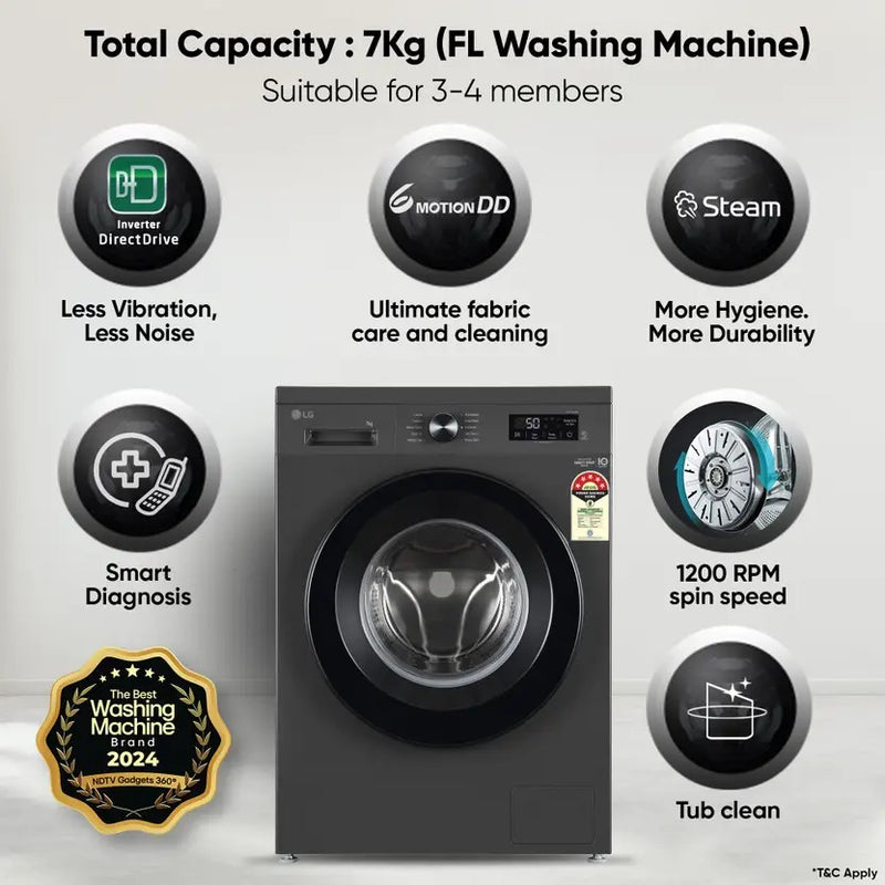 LG 7 kg 5 Star, Inverter Automatic Front Load Washing Machine with In-built Heater